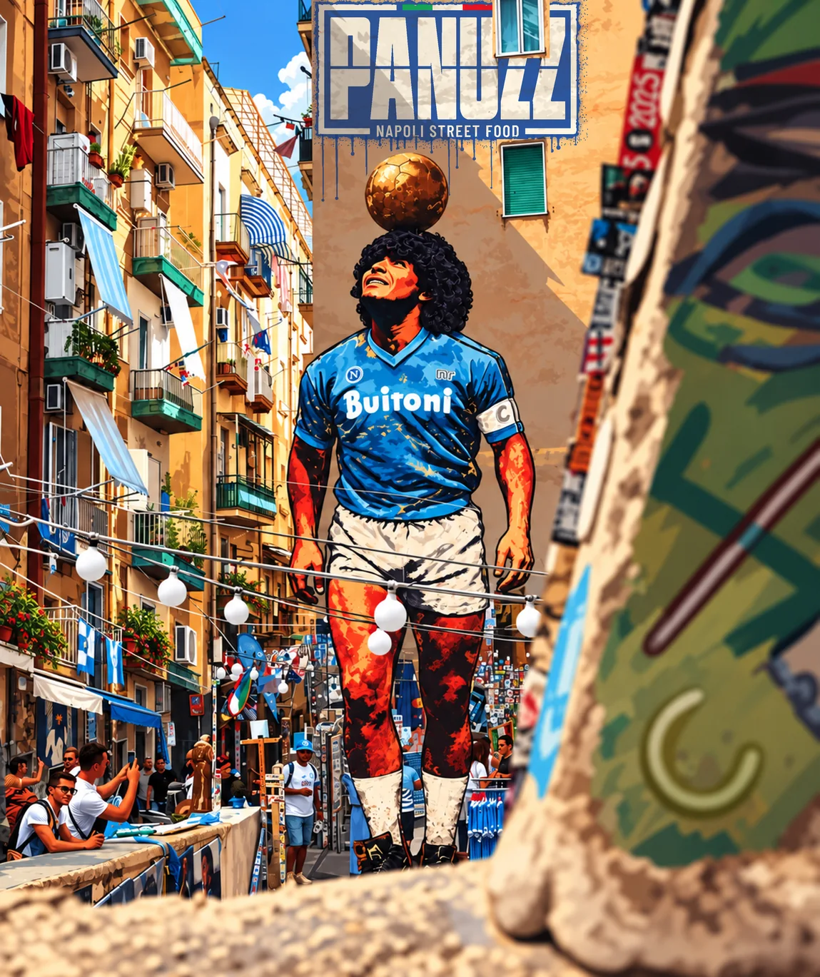 Fresque de Maradona dans une ruelle de Naples, avec le logo PANUZZ Napoli Street Food peint sur le mur