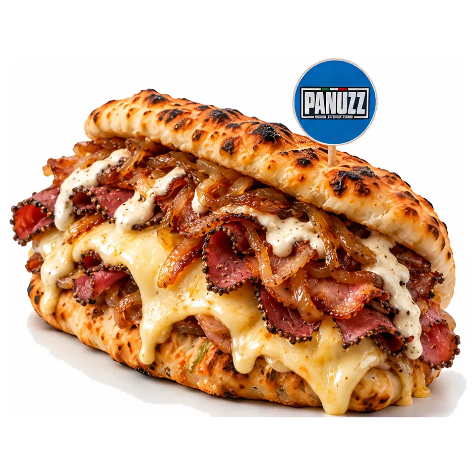Panuozzo La Raclettona : raclette fondue, pastrami et pancetta de bœuf, oignons caramélisés
